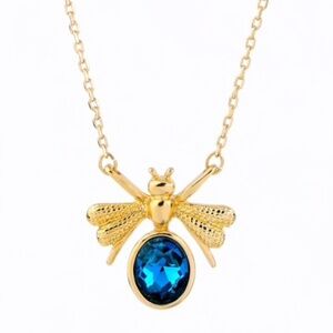 Goldtone Blue Crystal Bee Pendant Necklace